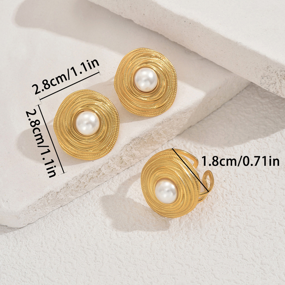 Wind Women's And Earring Set Personality Round Design Inlaid Pearl Stud Open Ring For Women