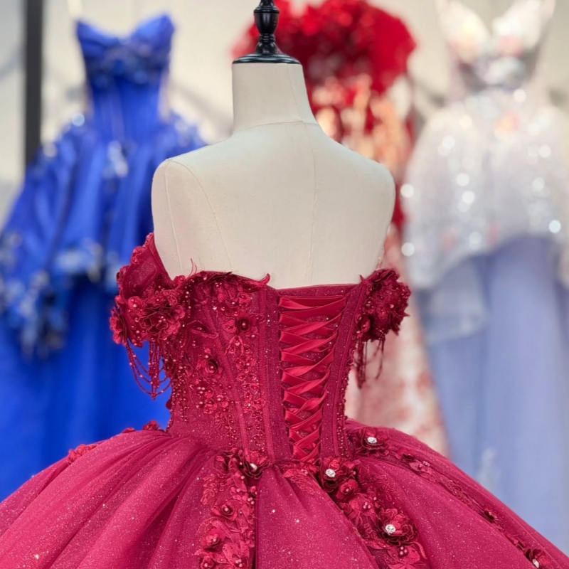 Red Quinceanera Dresses Ball Gown Off The Shoulder Applique Flower Beading Tull Corset Sweet 16 Dress Vestidos 15 De Anos