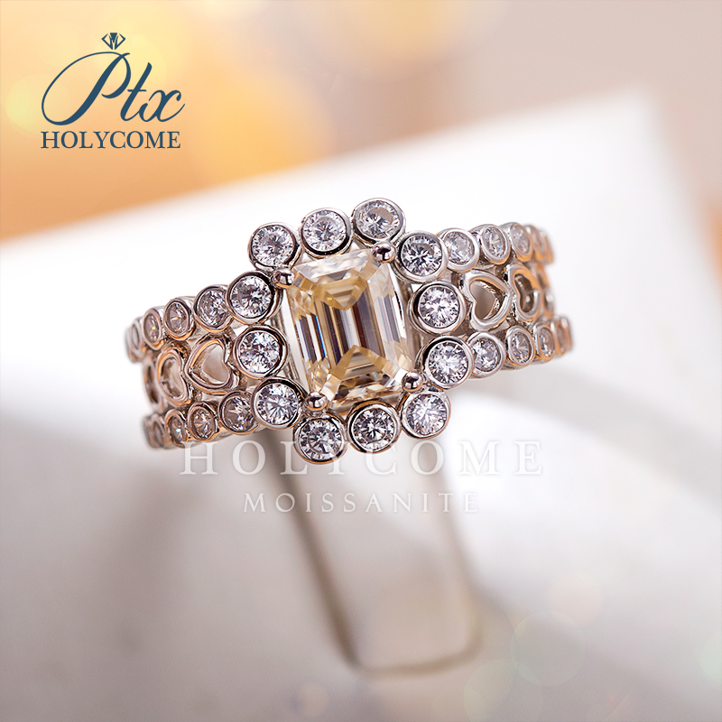 Classic 925 Sterling Silver Bridal Ring Sets Emerald Cut Champagne Moissanite Engagement Rings Vintage Promise Rings Wedding Bands for Women