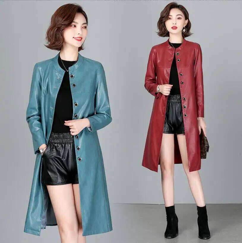 New Women Trench Casual Fashion O-Neck Single Breasted Loose Sheepskin Tops Coat Long Outerwear Split Leather