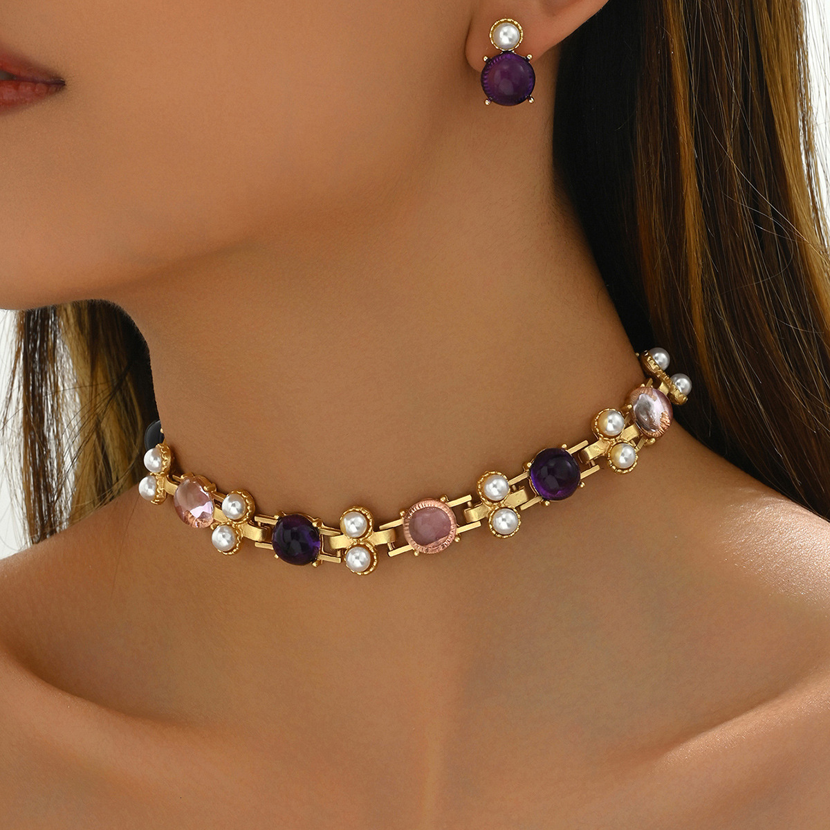 Korean And Japanese Sweet Fresh Inlaid Women's Earrings Jewelry Set Design Necklace Choker