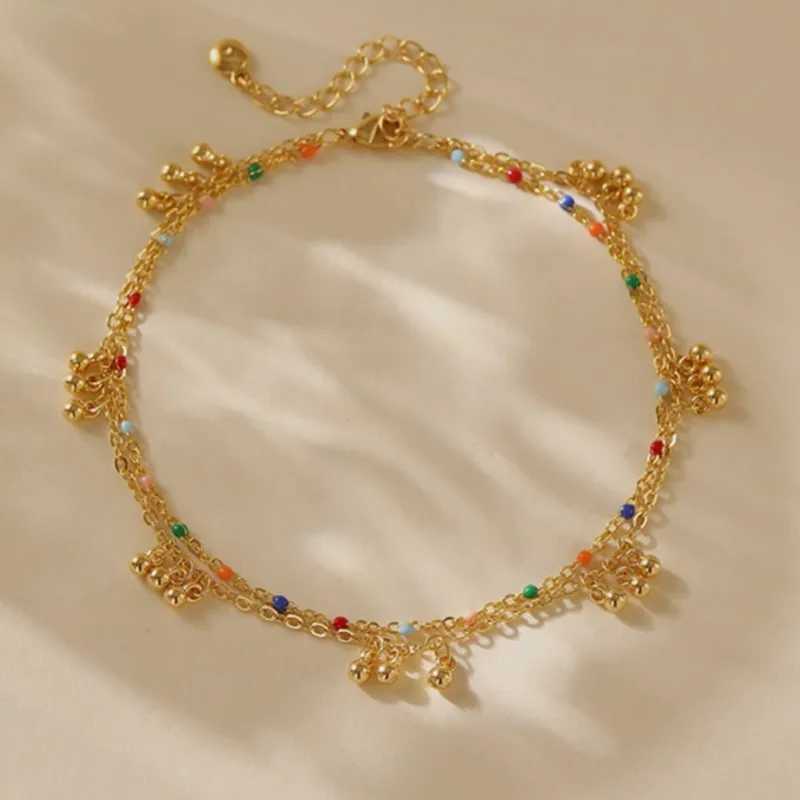 18K Gold Color Double Layer Small Beads Chain Anklet for Women Light Luxury Summer Boho Vacation Foot Chain Party Jewelry Gifts U250624