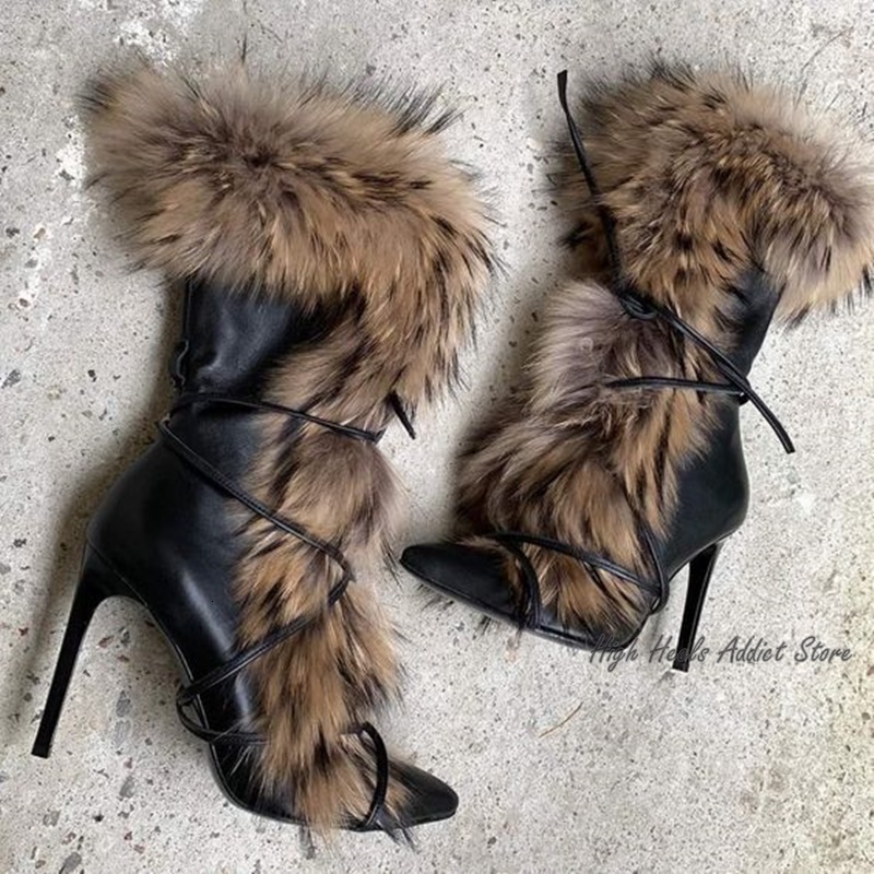 Real Fur Decorated Winter Warm Stiletto Heel Short Boots Pointed Toe Fringes Lace-up Thin Heel Ankle Booties Sexy Boots