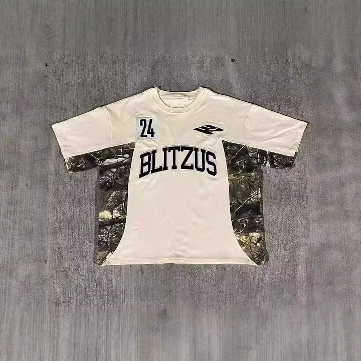 2025 Camouflage Patchwork Short Sleeve Unisex Y2K American Style Sports Trend Brand Patch T-Shirt Couple Top