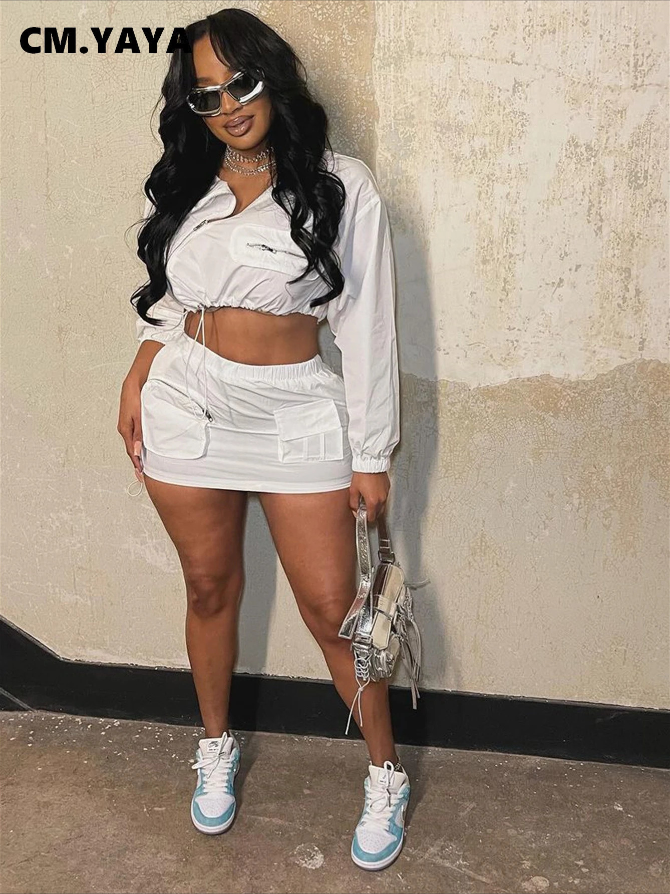 CMYAYA Fashion Safari Style Womens Set Long Sleeve Zipper Fly Tops and Cargo Midi Mini Skirts Suit 2025 Two 2Piece Sets Outfit 250614