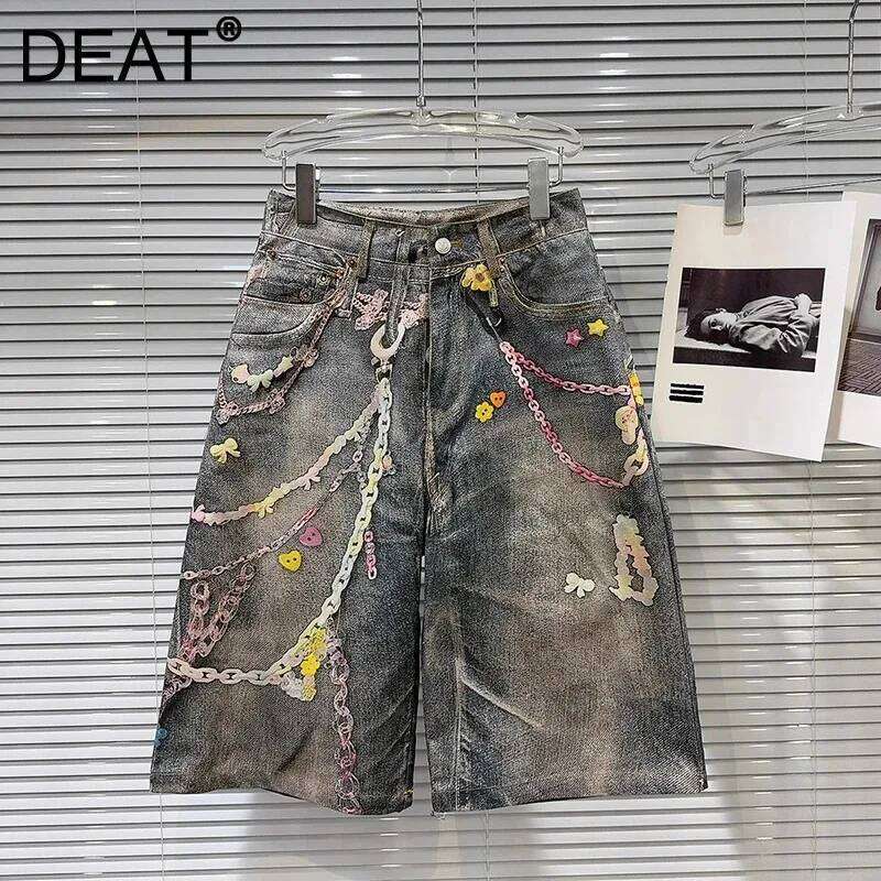 DEAT Fashion Colorful Chain Print Worn Denim Short Pants For Women High Waist Straight Leg Pant Female Trendy New Items 11A04379