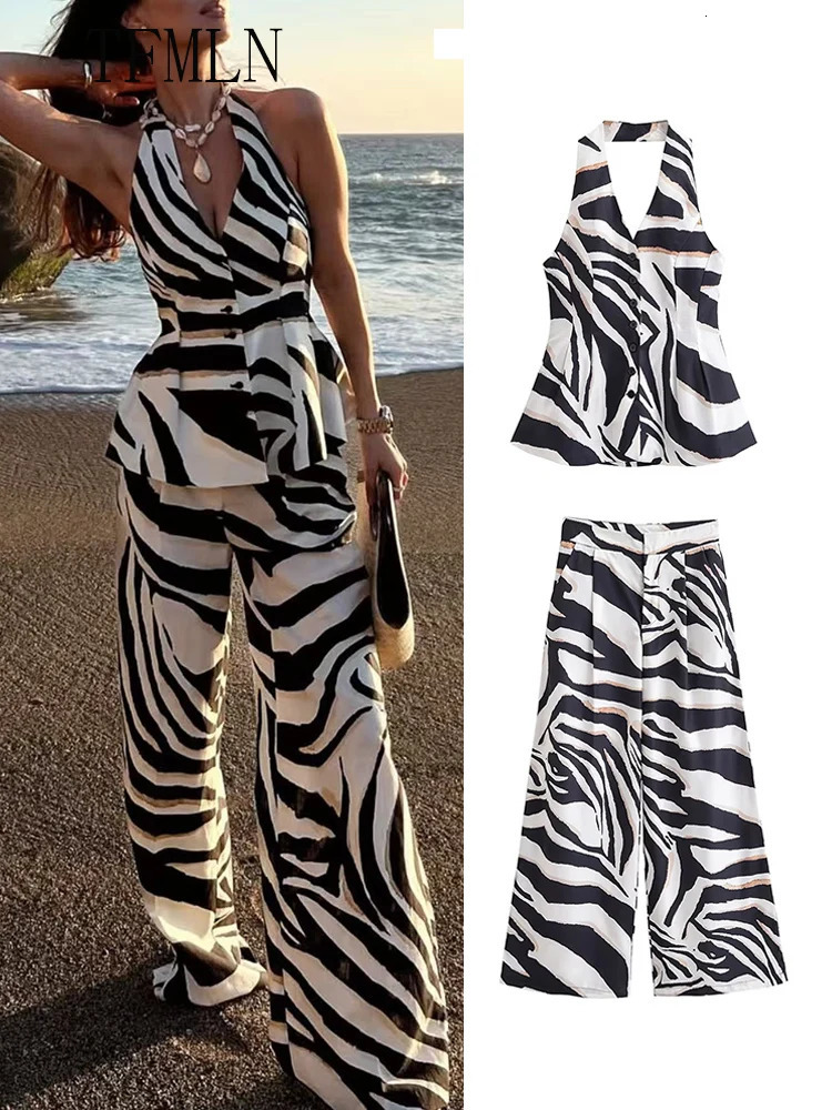TFMLN 2025 Causal Striped Halter Top Pant Set Summer Elegant Backless Sleeveless Zipper Pleated Wide Leg Pants Outfits 250616