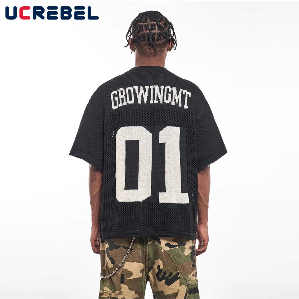 Hollow Out Letter Jacquard Knitted T-shirt Mens Summer High Street Loose Crew Neck Half-Sleeve Breathable tee Men 250617