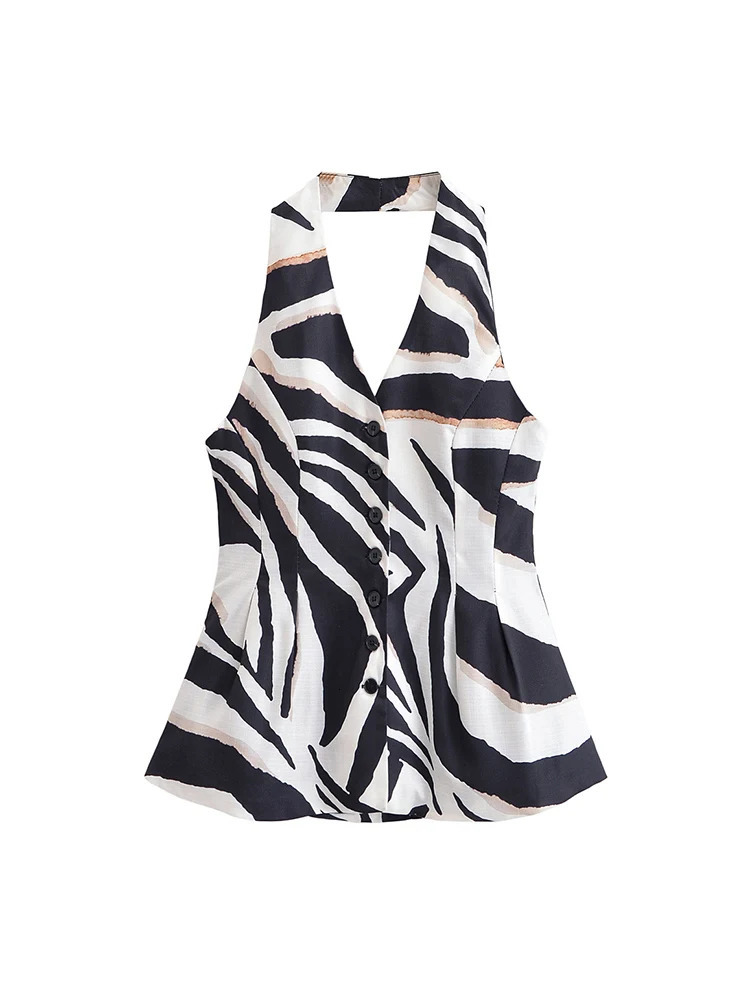 TFMLN 2025 Causal Striped Halter Top Pant Set Summer Elegant Backless Sleeveless Zipper Pleated Wide Leg Pants Outfits 250616