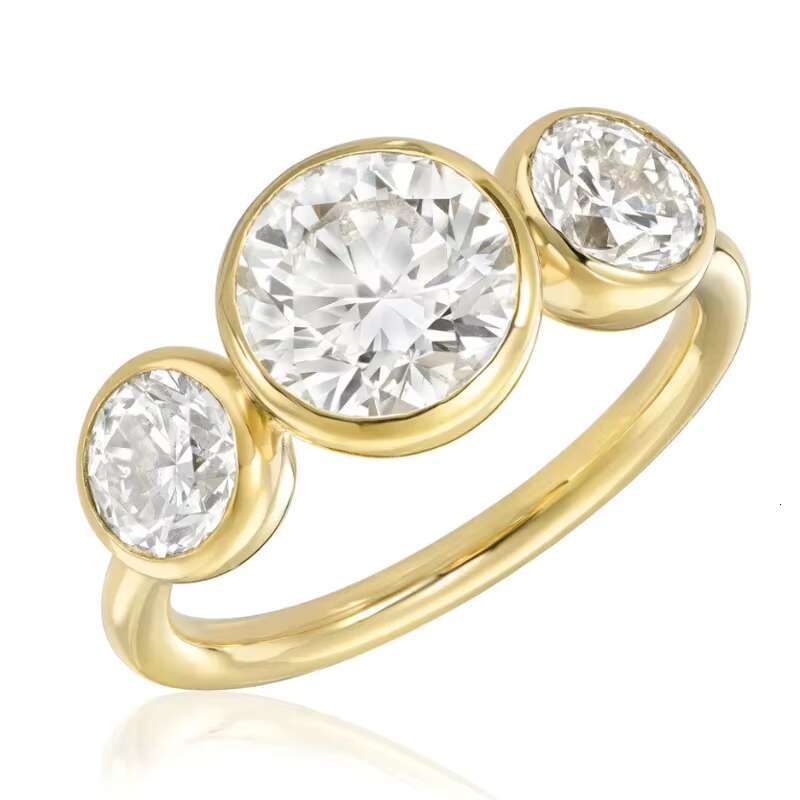 Fine Jewelry Moissanite Ring Women DEF Color Round 14k Gold Three Stone Bezel Setting Ladies Moissanite Ring