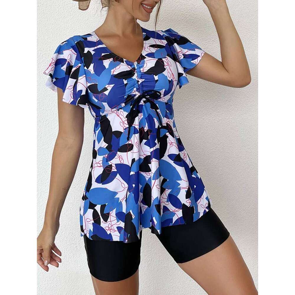 Two Piece Swimsuit Women 2025 Printed Tankini Set Tie Front Drawstring Swimwear Female Bathing Swimming Suit Beachwear Summer