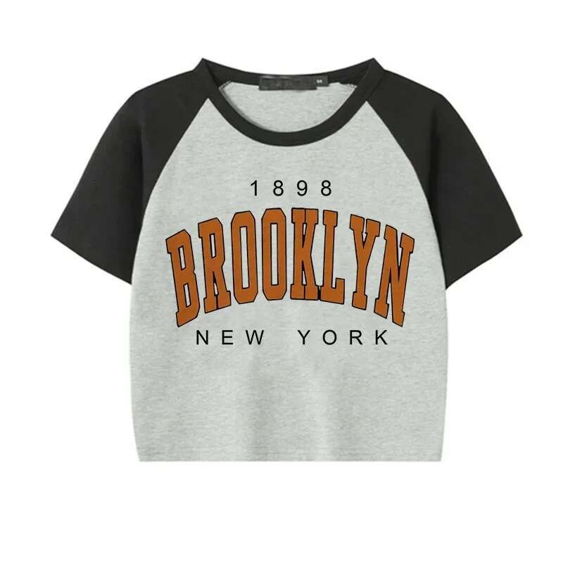 Women's Brooklyn 1898 Letter Print Crop Top Y2k Harajuku Short Tee Fun Graphic T-Shirt B5