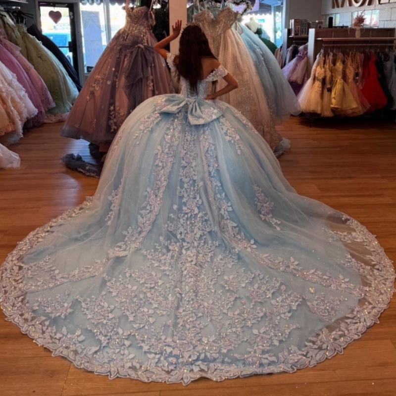 Baby Blue Shiny Quinceanera Dresses Ball Gown Lace Applique Beading Tull Sweet 16 Dress Vestidos De 15 Anos
