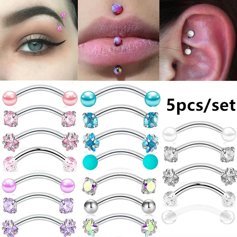 5PCS Crystal Eyebrow Piercing Set Curved Barbell Piercings Rook Earring Bulk Helix Stud Tragus Earrings Cartilage Jewelry Labret 250613
