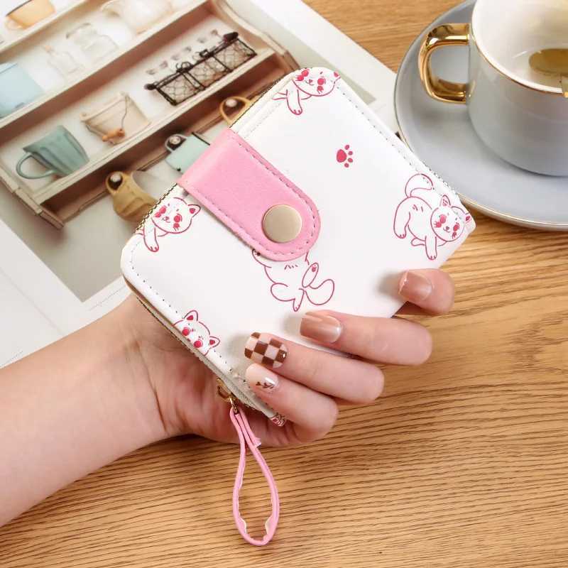 Japanese Cute Kitten Ladies Short Wallets Student Card Holder Bag with Zipper Coin Purse Pink Girls Mey Clip Bifold WalletXJ250624
