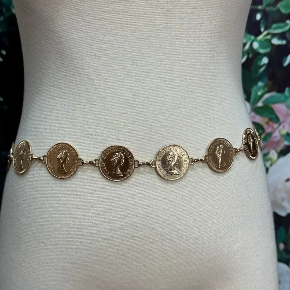 High Quality 80s Gold Coin Alexander The Great Chain Belt Women Waist Belly Fashion Accessory 250616