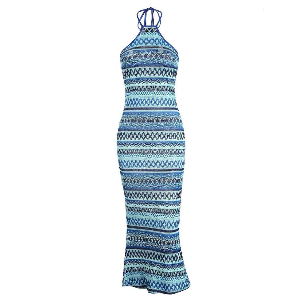 ZAFUL Women's Sexy Halter Tied Open Back Colorful Rainbow Zig Zag Stripes Knit Slinky Midi Dress Long ethnic dress 2024 NEW