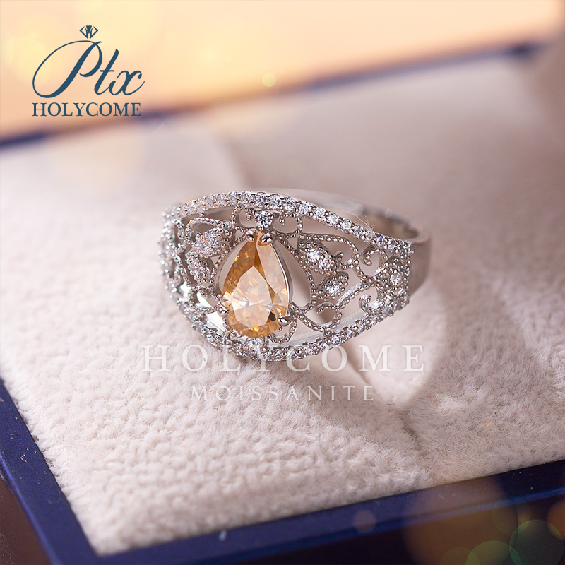 Classic Fine Jewelry 1Ct Moissanite Pear Champagne 925 Sterling Silver Wedding Ring Rhodium Plated Parties Anniversaries Ring for Women