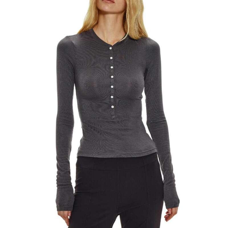 Henley Melard Outfit Cardigan Warm Base Open Collar T-Shirt Long Sleeve Knit Shirt Waist-Cinching Top B5