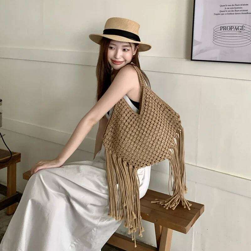 Bohemian Women's Large Capacity Tassel Shoulder Bag Handmade Cotton Woven Knitted Seaside Vacation Beach Tote Summer New Arrival