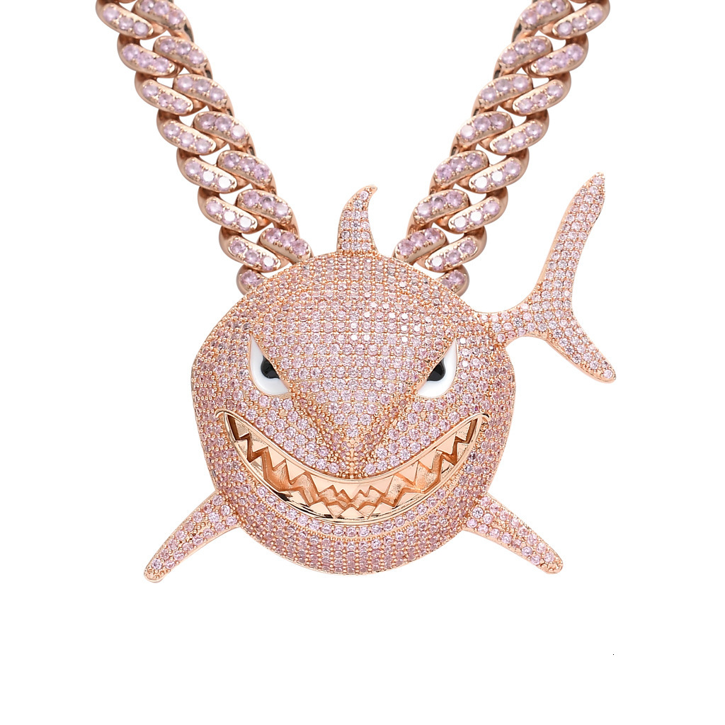 New Oversized Pink Shark Iced Out Bling Hip Hop Men's Moissanite Luxury Pendant Necklace Trendy Versatile Swag Pass the diamond tester