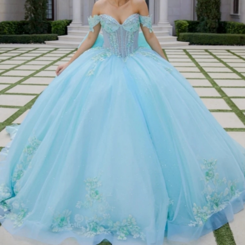 Sparkly 2025 Mint Green Quinceanera Dress Ball Gown Floral Applique Beading Crystal Tull Bow Sweet 16 Dress Vestidos De 15 Anos