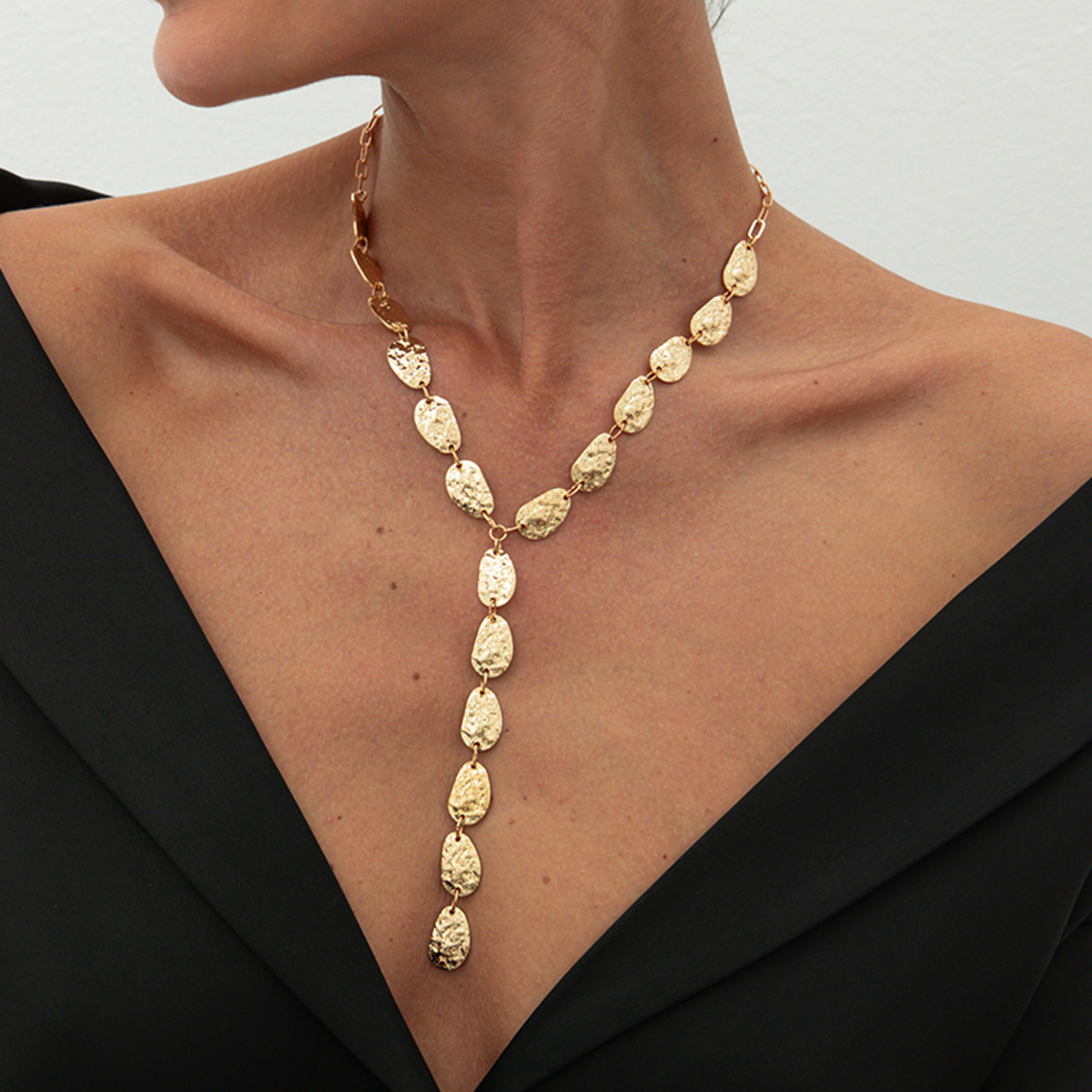 Unique Irregular Hammered Pattern Y-Shaped Necklace for Women, Elegant Long Minimalist Metal Jewelry