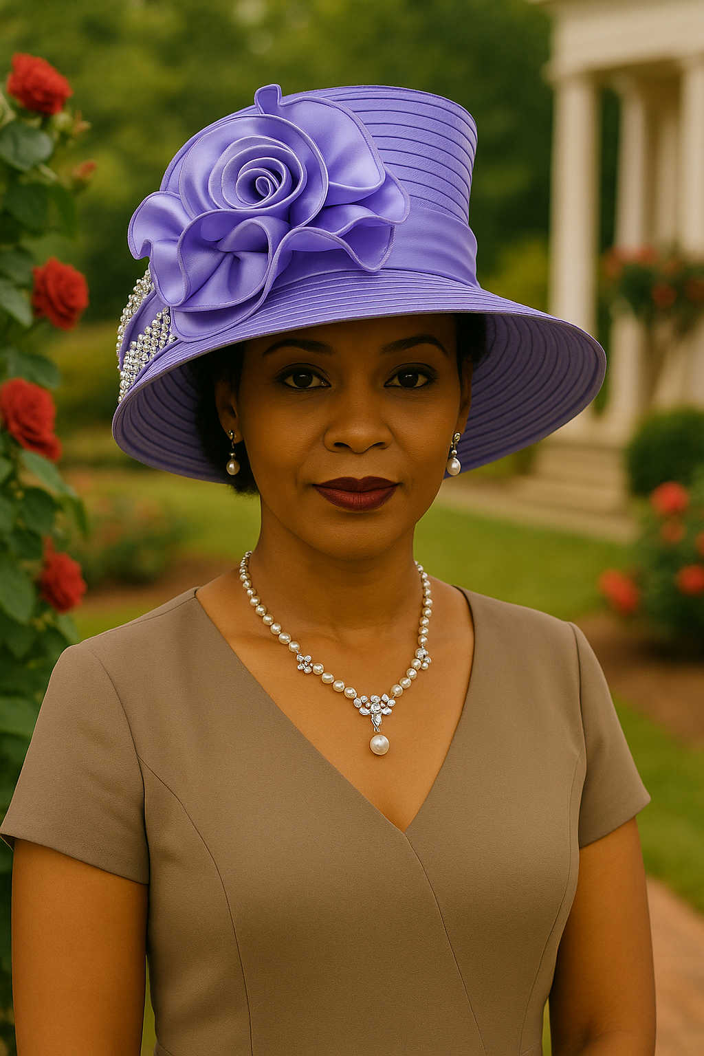 Elegant Black Church Hat with Rose Accent - Women's Wide Brim Derby Hat with Rhinestones for Sunday, Wedding, Tea Party & Race Day Events SD725