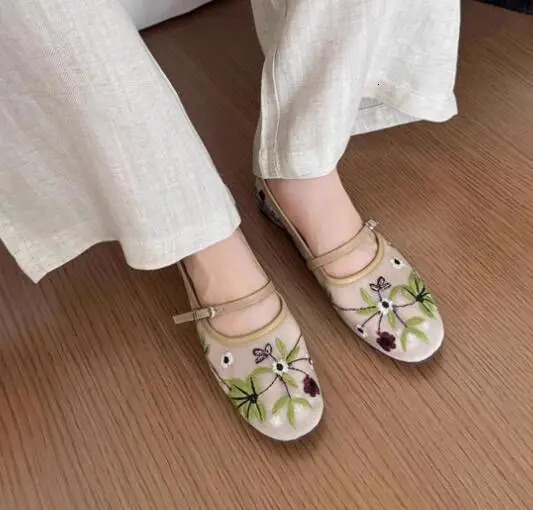 Nude Green Mesh Embroidered Flower Ballet Flats Women Summer Breathable Low Top Mary Jane Shoes Round Toe Leisure Loafers Shoes 250624