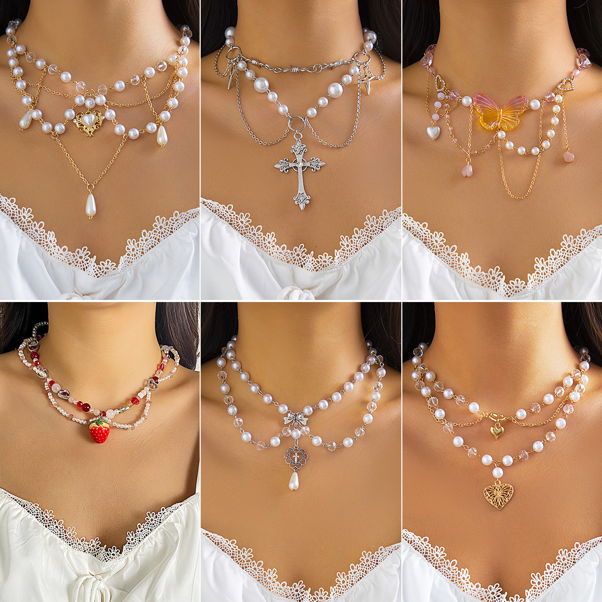 Unique Imitation Pearl Tassel Pastoral Vacation Style Hot Girl Strawberry Butterfly Necklace for Women