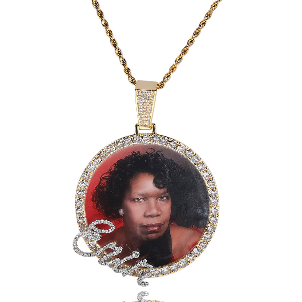 Custom Photo and Name Round Pendant Necklace 14K Gold New In Personalized Full CZ Stones Cubic Zirconia Diy Picture Collar Hip Hop Rapper Jewelry Gift