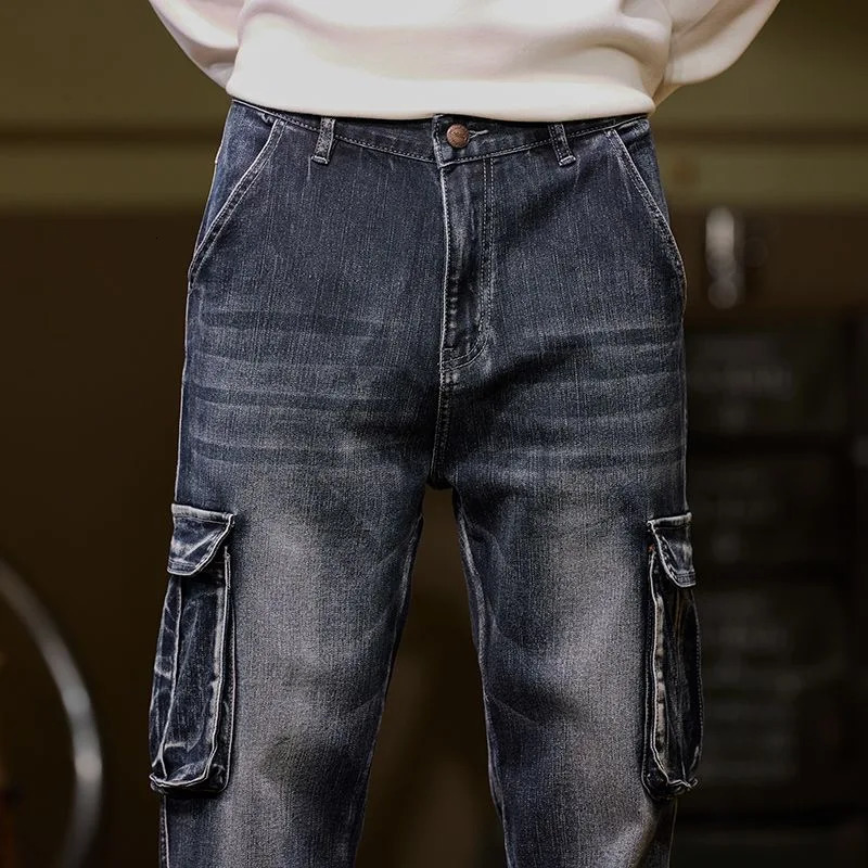 High Street Trendy Multi Pocket Denim Pants Men American Vintage Jeans Oversized Loose Fat Straight Trouser Cargo Pant Versatile 250624