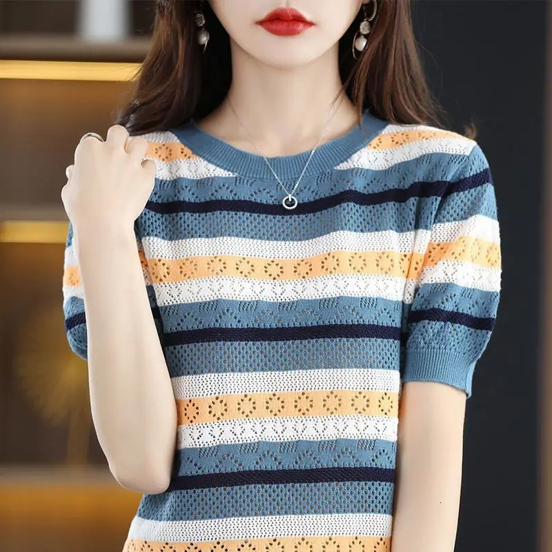 Summer Thin Fashion Crew Neck Striped Short Sleeve Loose Hollow Out Loose Sweater Knitted T-shirt Womens Tops 250614