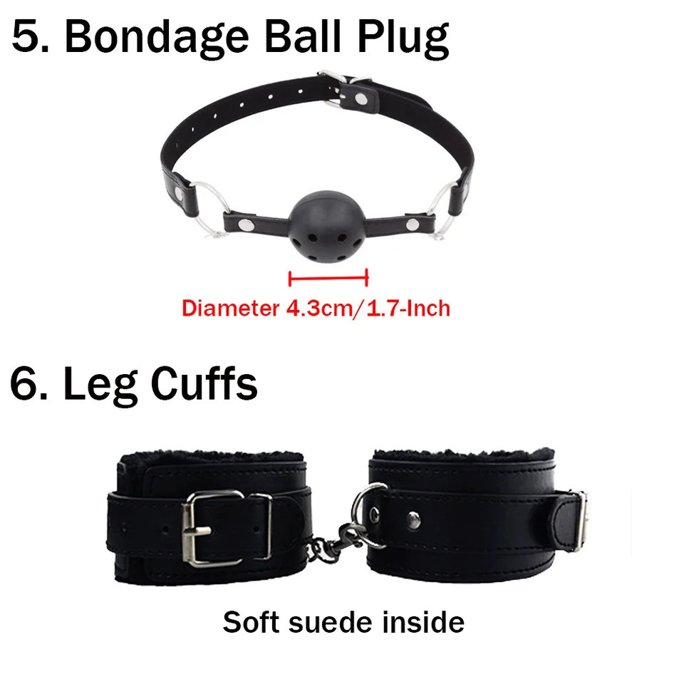 BDSM Bondage Restraint Kit 10 Pieces Leather Handcuffs Ankle Cuffs Collar Whip Ball Gag Blindfold Nipple Clamps Rope for Couples 250624