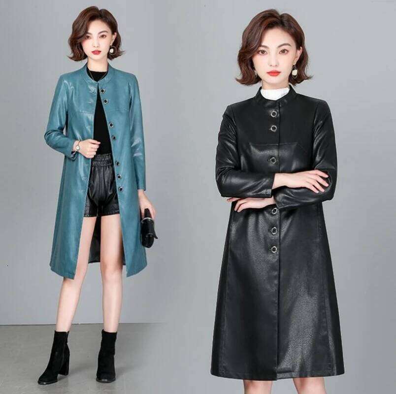 New Women Trench Casual Fashion O-Neck Single Breasted Loose Sheepskin Tops Coat Long Outerwear Split Leather