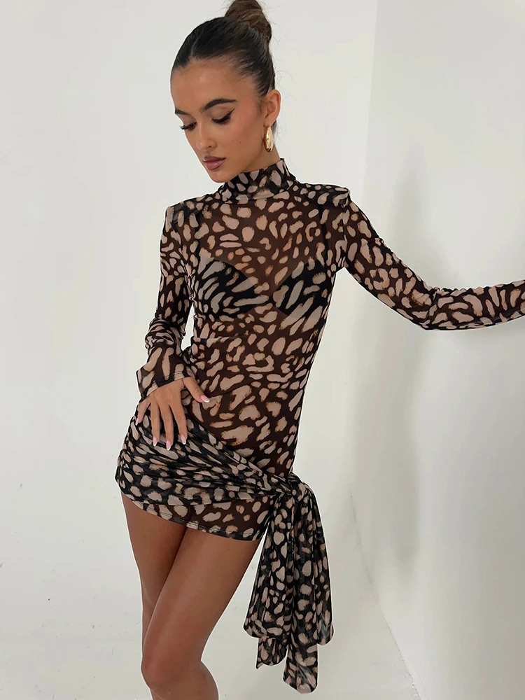Fantoye Turtleneck Sexy Sheer Print Leopard Bandage Women Dress Long Sleeve Mini Lady Spring Slim Elegant Party Club 250616
