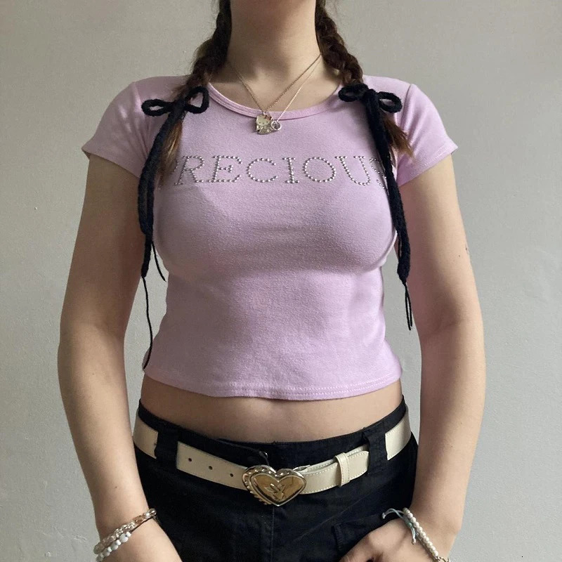 Vintage RhinestoneLetter Pink T-shirt Short Sleeve T-Shirts Y2k sweet Style Crop Tops 2000s Tops Aesthetics Womens Tees Casual 250617