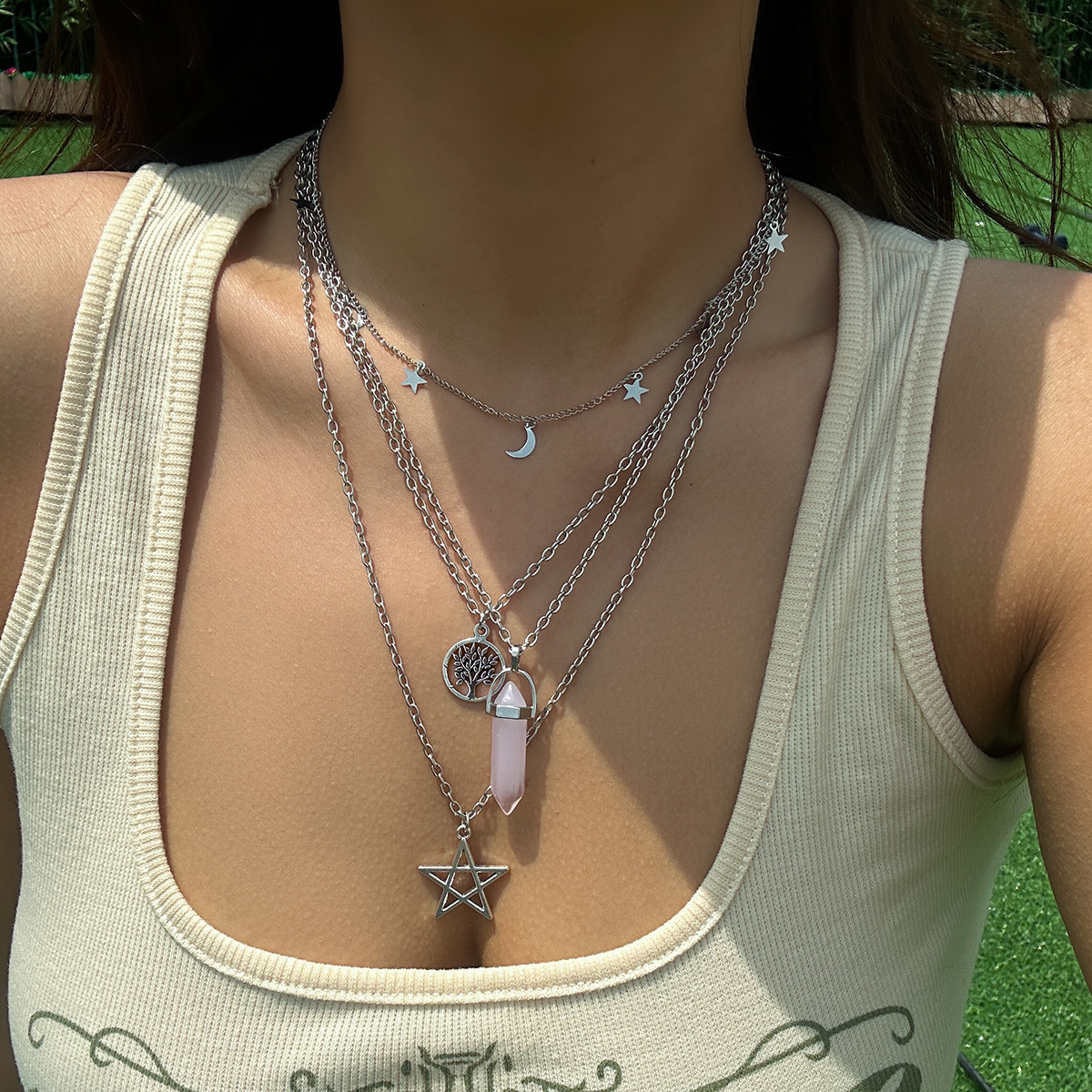 Jewelry Pastoral Crystal Eye Bead Stone Multi-layer Peace Buckle Necklace for Women