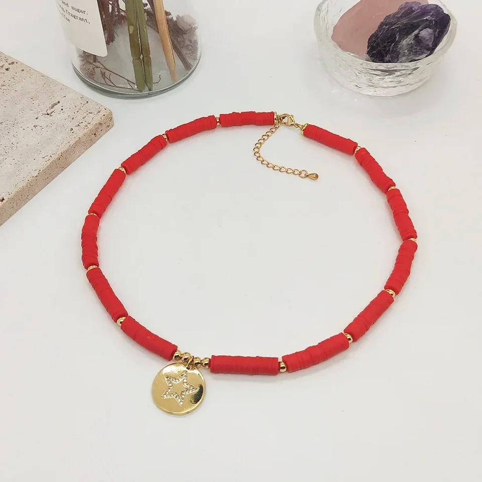 KKBEAD Zircon Star Red Heart Pendant Necklace Choker for Women Gift Jewelry Polymer Clay Disc Beads Necklaces Jewellery 250530