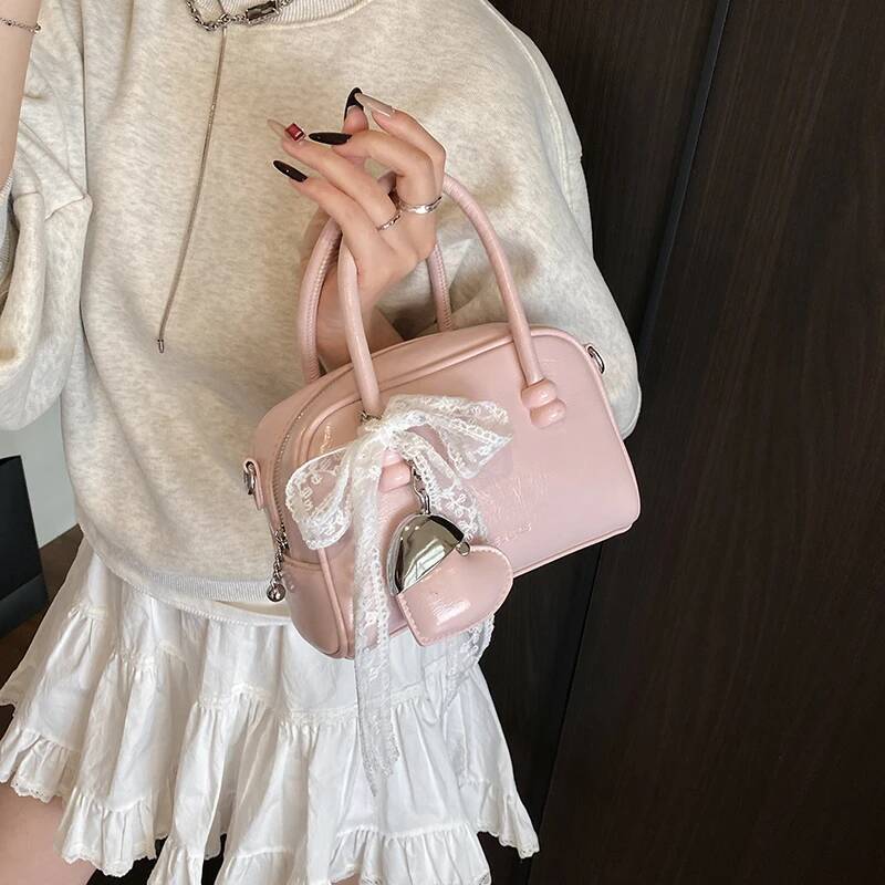 high-quality MOODS Mini Boston Shoulder Crossbody Bags For Women Lace Bowknot Round Top-handle Bag With Heart Pendant 2025 Designer Handbags