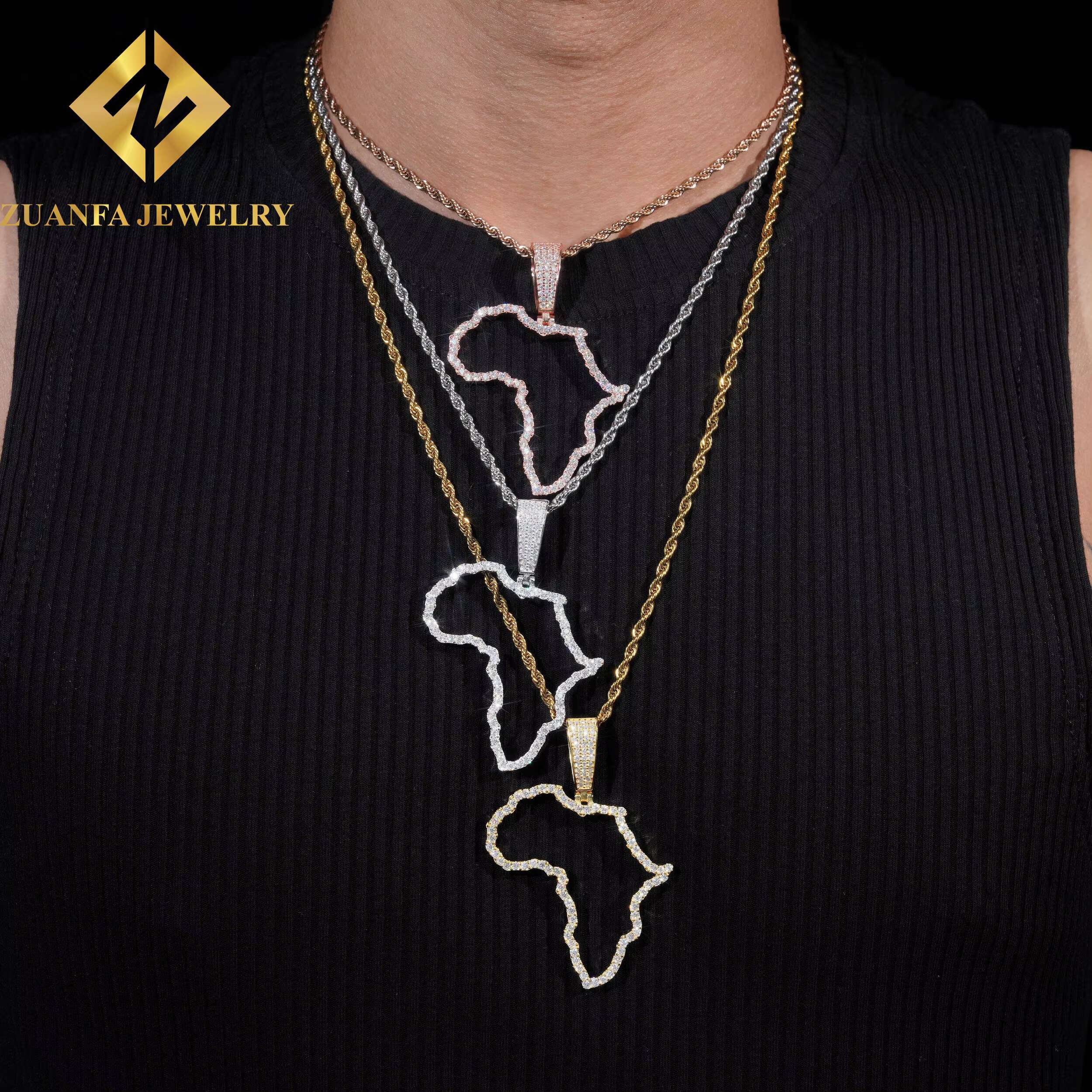 New Trend Fashion Custom Map Pendants 925 Sterling Silver Jewelry Hip Hop Moissanite Diamond Africa Map Pendants Hollow Design