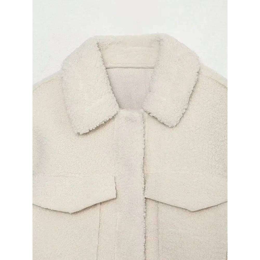 ZBZA Women Thick Warm Faux Fur Jacket Vintage Long Sleeve Lapel Patch Pocket Hidden Button Loose Outerwear Winter Lady Coat