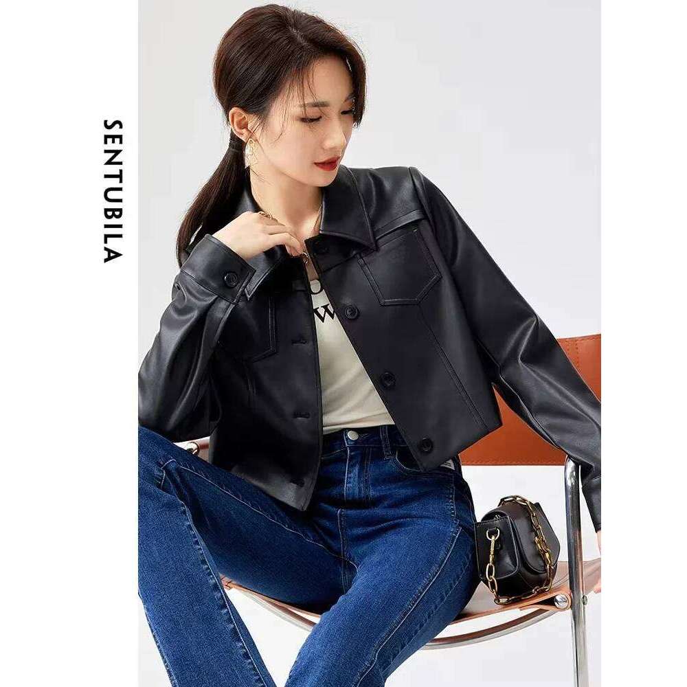 SENTUBILA Pu Leather Jacket Women Autumn Vintage Fashion Cropped Motorbike Jackets Single Breasted Black Cool Coat Top 131W46984
