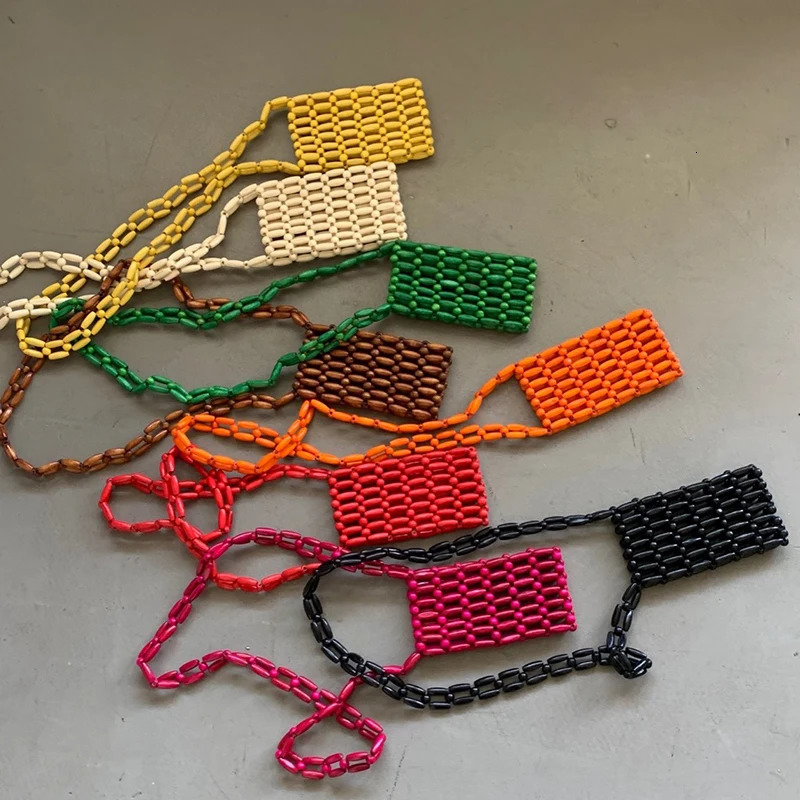 Vintage Minimalist Wooden Bead Woven Mobile Phone Bag Ins Summer Vacation Beach Crossbody Bags for Women 250624