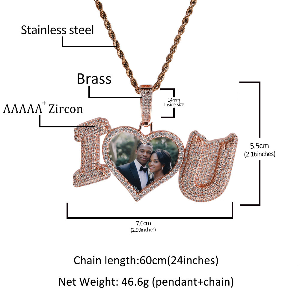 14K Gold Personalized I Love You Custom Photo Pendant Necklace For Couple Full Cubic Zirconia Heart Lovers Diy Picture Wedding Memorial Jewelry Collar