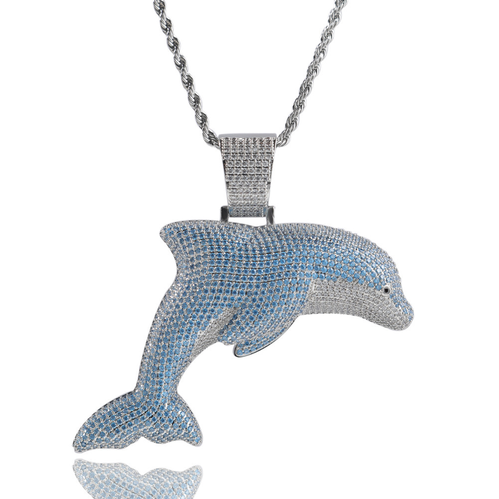 14K Gold Personalized Creative Large Blue Dolphin Pendant Necklace Ins Celebrity Hip Hop Cartoon 5A Cubic Zircon Trendy Cool Collar Hip Hop Rapper Jew