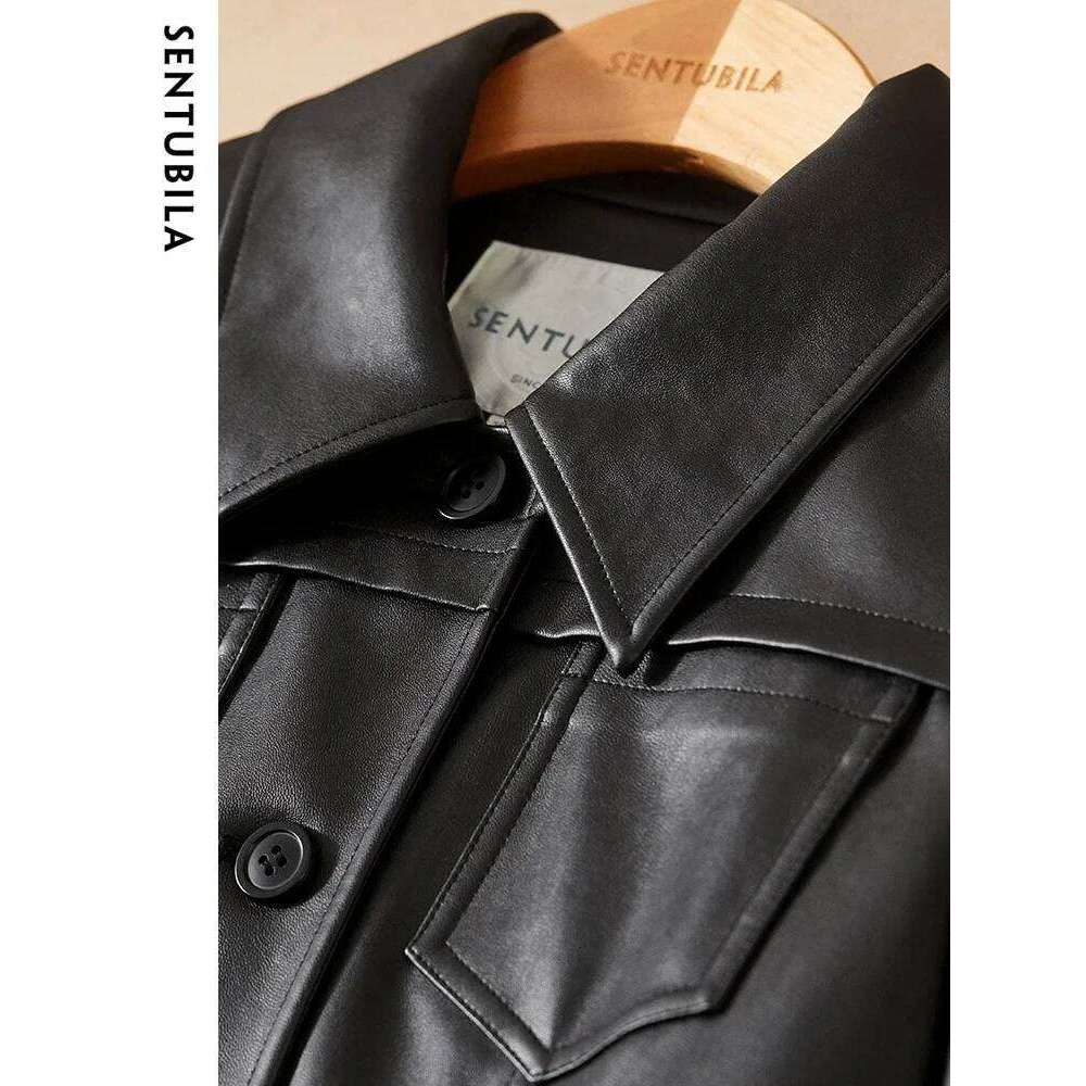 SENTUBILA Pu Leather Jacket Women Autumn Vintage Fashion Cropped Motorbike Jackets Single Breasted Black Cool Coat Top 131W46984