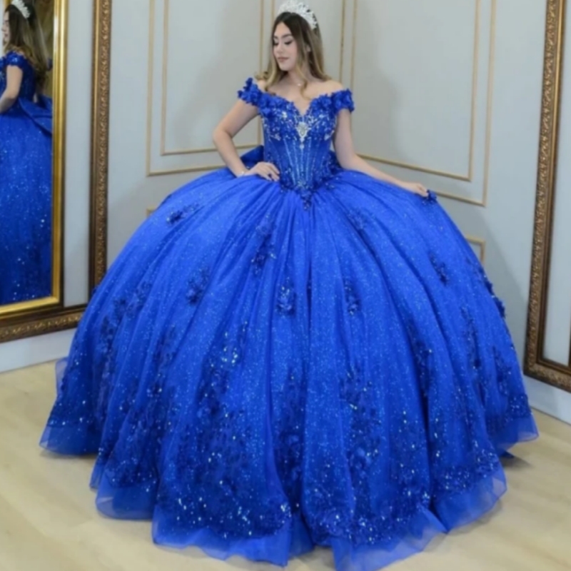 2025 Royal Blue Shiny Quinceanera Dresses Ball Gown Floral Applique Beading Crystal Tull Bow Sweet 16 Vestidos De 15 Anos