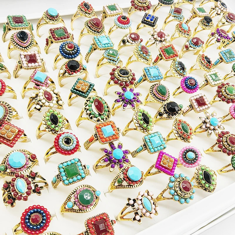 50pcs/Lot Wholesale Bohemia Mix Style Finger Rings for Women Crystal Party Wedding Jewelry Acrylic Enamel Joint Ring Gifts 250624