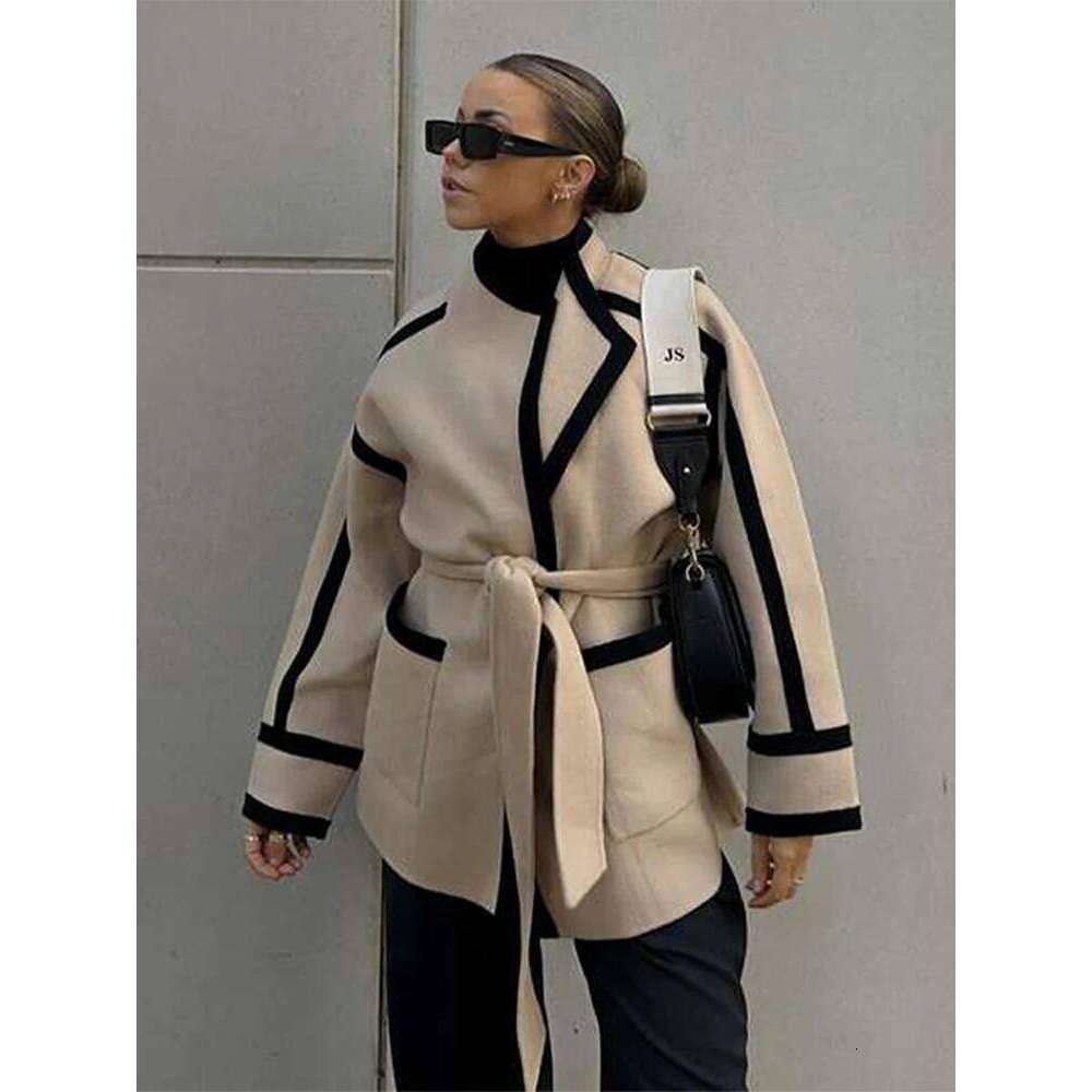 New Spliced Contrast Woolen Coat Women Long Sleeve Thicken Jacket with Belt Pockets 2025 Spring Casual Ladies Commuter Outwear